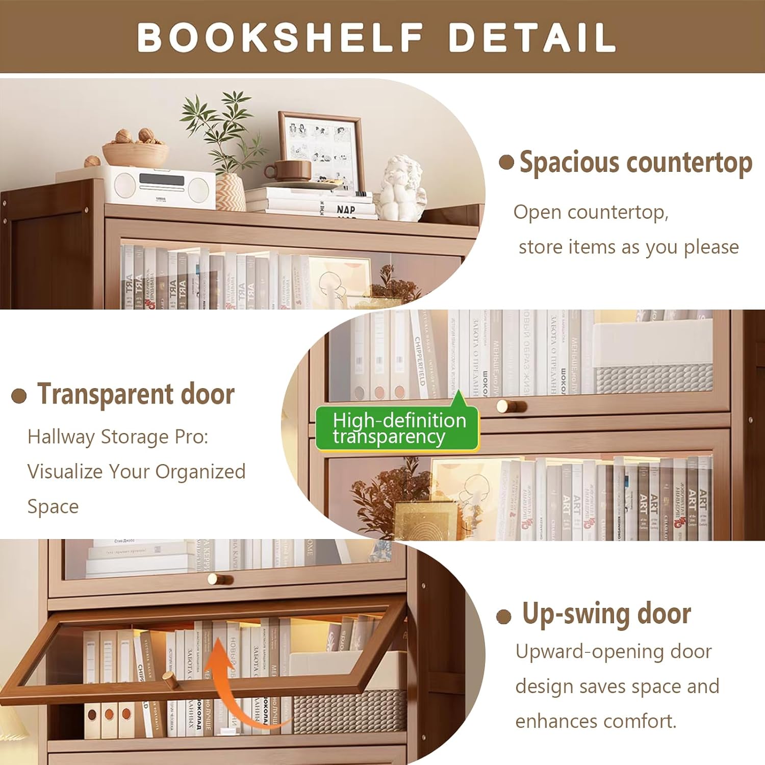 Bamboo Bookshelf with Acrylic Doors, 4-Tier Tall Bookcase with Flip-Up Doors, Freestanding Display Cabinet for Living Room/Study, Brown