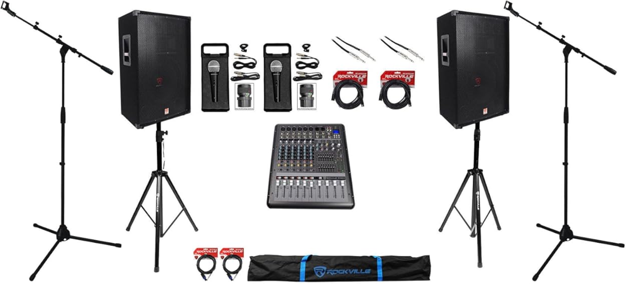 Rockville RSG15 Bundle: (2) 15 in 3-Way 1500-Watt 8 Ohm DJ PA Speakers, RPM870 8-Channel Powered Mixer USB, (2) RMC-XLR Dynamic Mics, (2) Boom Stands, (2) Tripod Stands, XLR, TS to TS Cables, 13-items