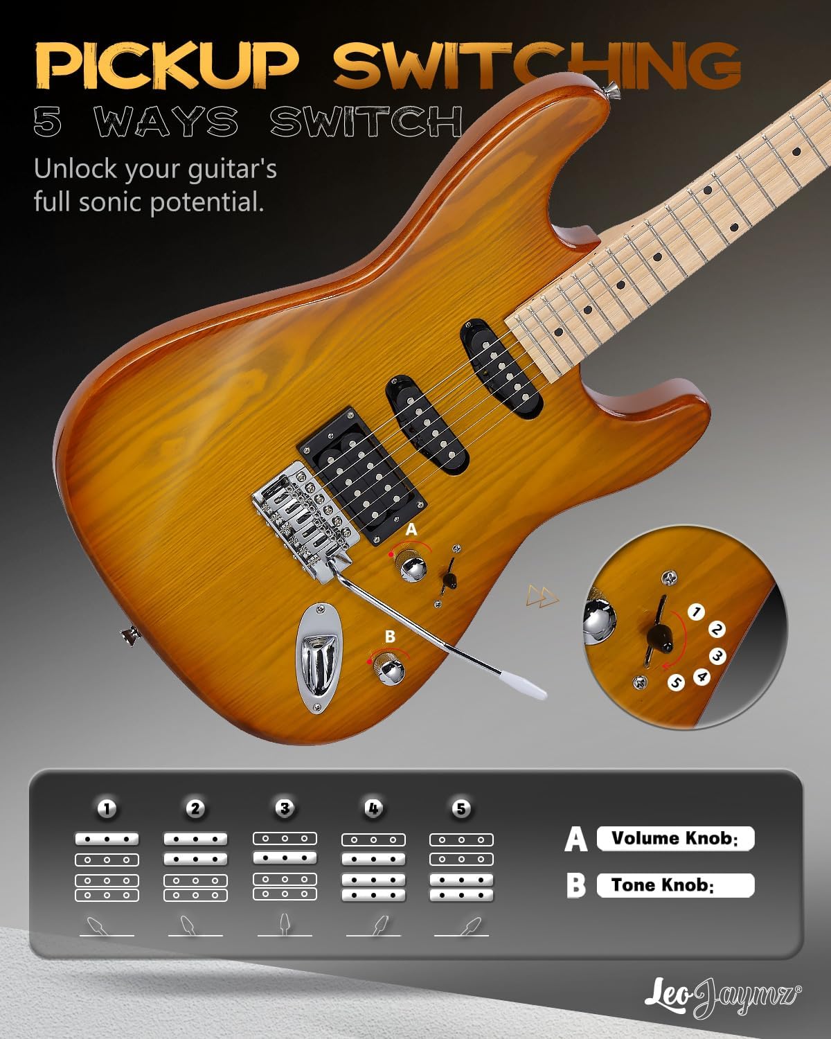 Leo Jaymz 39 Inch Full Size Electric Guitar Kit Electric Guitar Beginner Kits - Portable Amp,Digital Tuner,Gig Bag,Strap,Cable (Vinatage Sunburst)