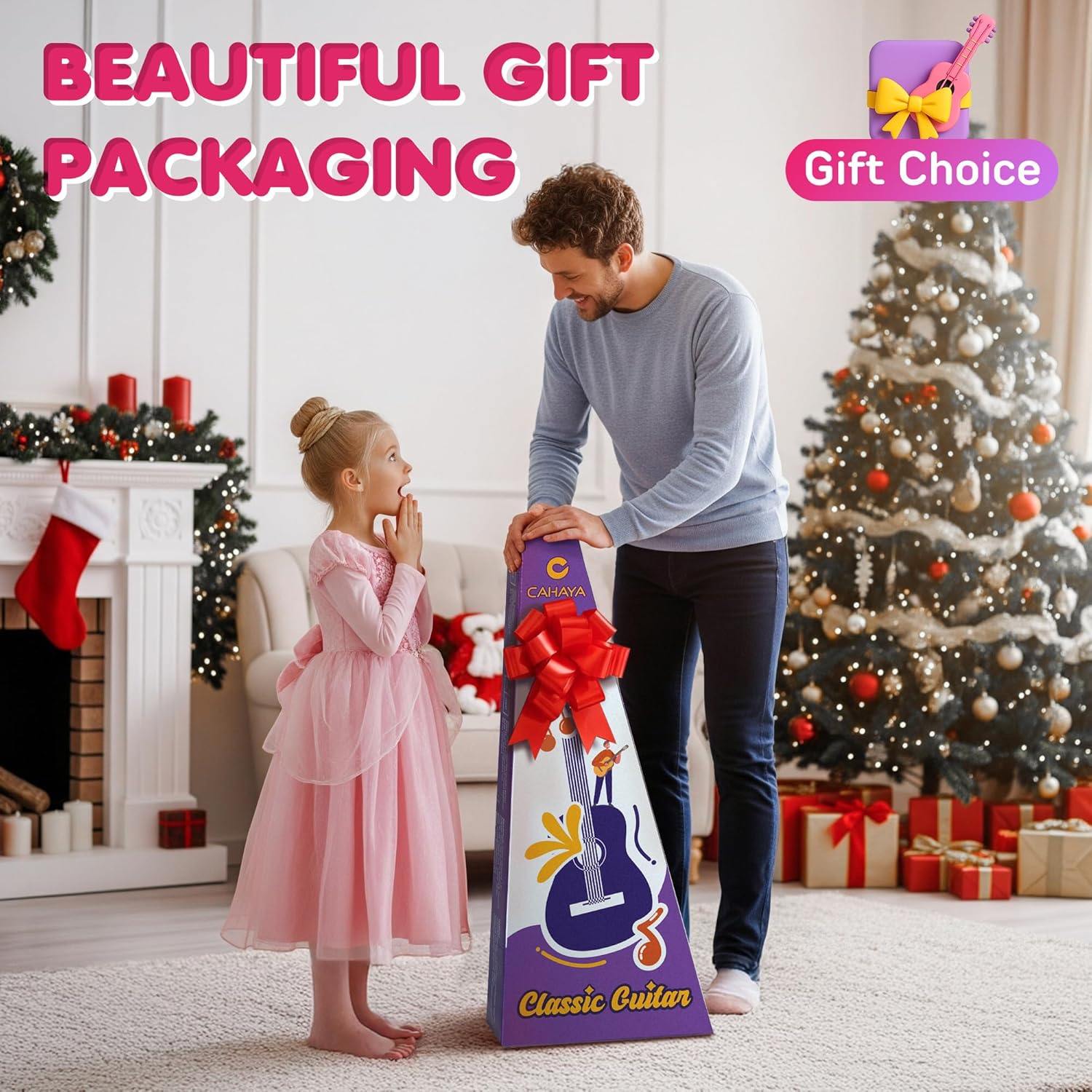 CAHAYA Classical Guitar Kit 30”- Kids Guitar Set with Okoume Neck, Case Bag, Nylon Strap, Picks, Musical Gift for Beginners Girls