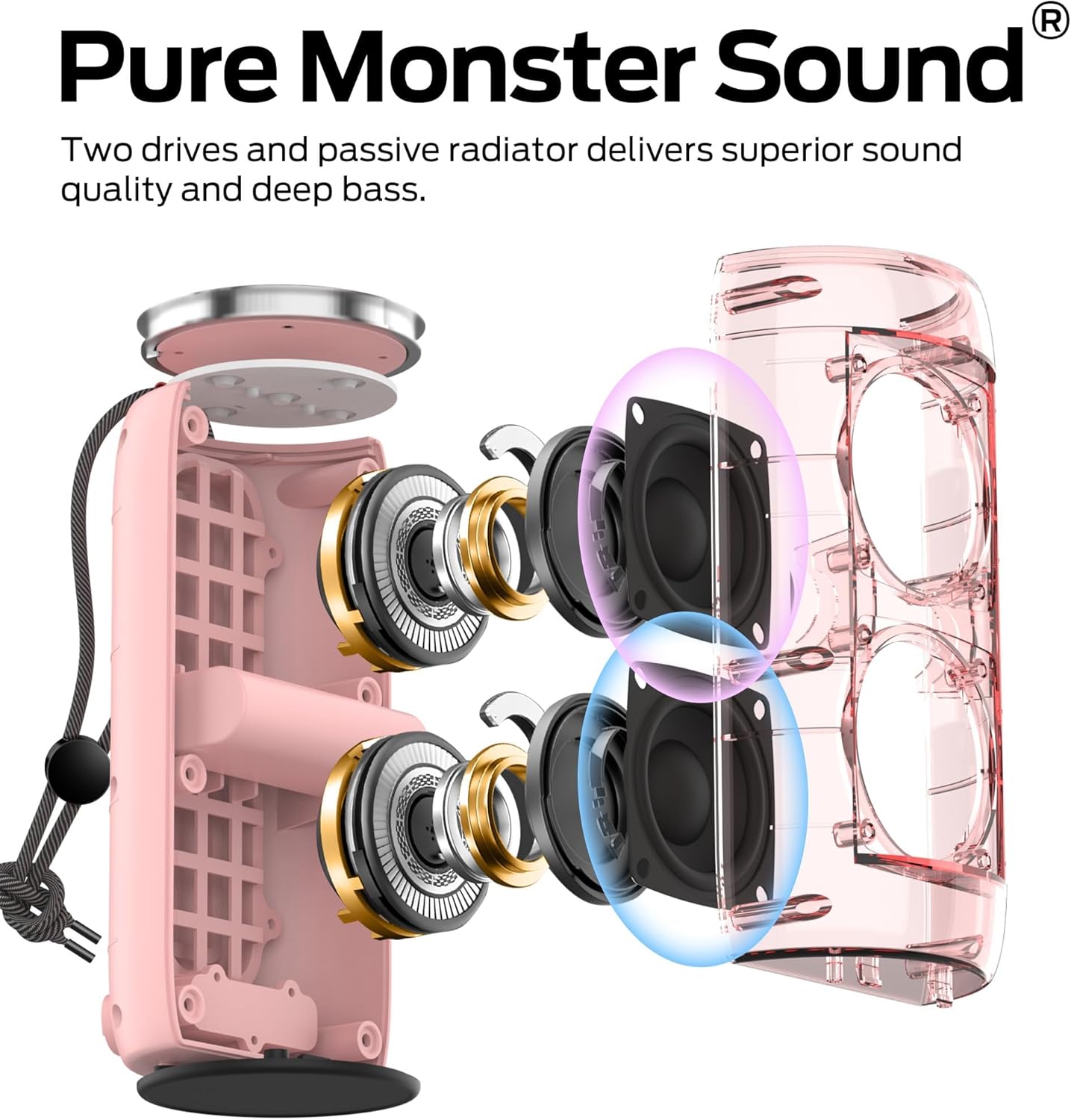 Monster S310 Upgraded Bluetooth Speaker, 30W Portable Speaker, 360° Stereo Sound with Punchy bass, TWS Pairing, IPX6 Waterproof, Bluetooth 5.2, 24H Playtime, Perfect for Home, Outdoor, Beach, Pink