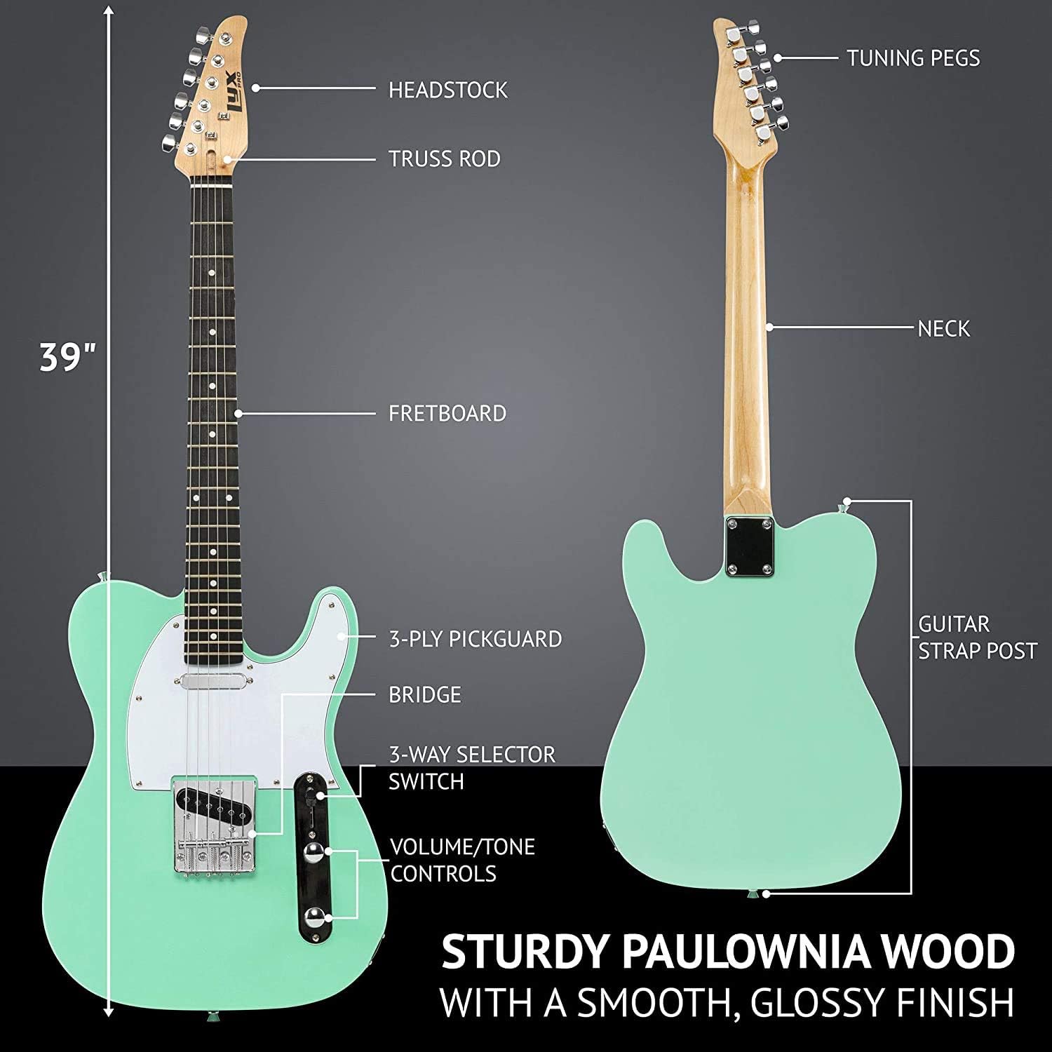 LyxPro Full-Size 39” Electric Telecaster Guitar Green, Solid Wood, Mackie Onyx Artist 2-2 Audio/Midi interface With Pro Tools First/Tracktion Music Production Software Kit, Professional Headphones