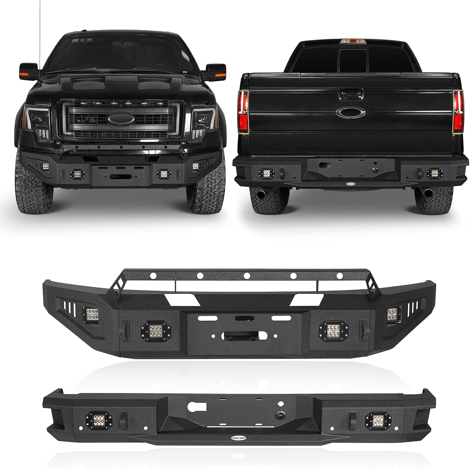 Hooke Road 09-14 F150 Front Winch Bumper and Rear Step Bumper w/Winch Plate for 2009-2014 Ford F-150 (Excluding Raptor&Flareside) Pickup Truck Full Width Bumpers Combo