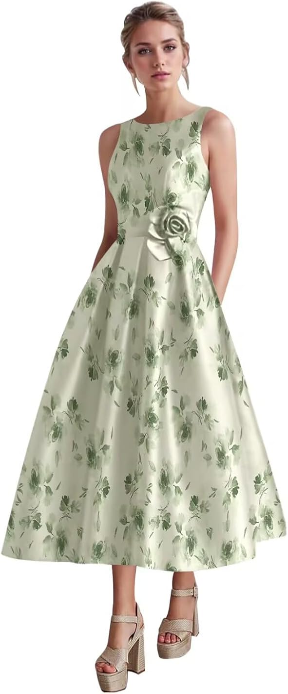 Formal Satin Mother of The Bride Dresses for Women Tea Length A Line Wedding Guest Dress with Pockets