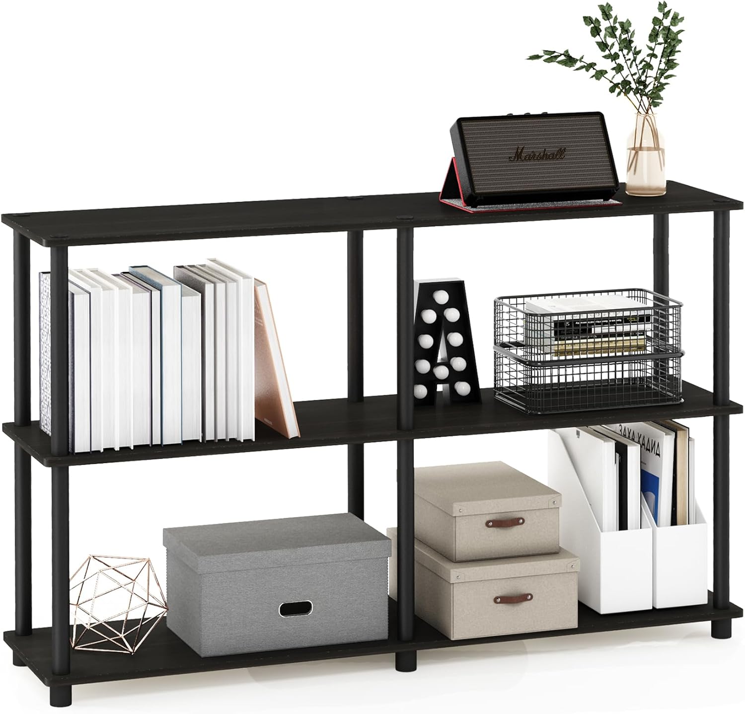 Furinno TURN-N-TUBE Storage Shelves, 3-Tier 47.4 Wide Book Shelf, Corner Shelf, Toolless Open Shelves, for Organization and Storage, Living Room, Garage, Home Office, Espresso