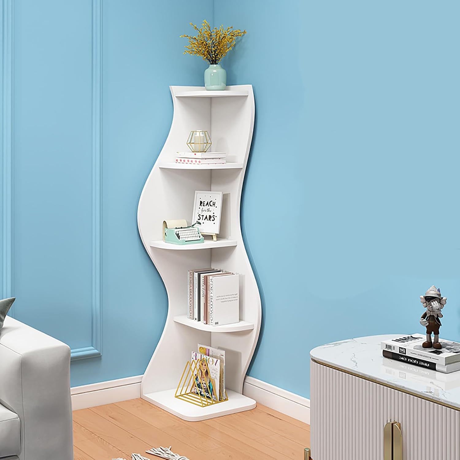 Wooden Corner Bookshelf, Modern Storage Display Bookcase, 5 Tiers Floor-Standing Rack, Storage Organizer, for Bedroom, Living Room, Kitchen, Home Office(40cm/15.7in)