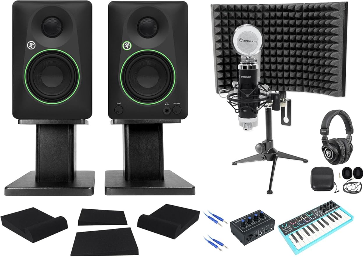 Audiosavings Bundle: Pair of Mackie CR3.5 Speakers, Rockville RHT8B Stands, RCM PRO Mic, PRO-M50 Headphones, ROCK-U MINI Interface, M25 Controller, Mic Shield, RRS190S Pads & RCTR106BL Cable (9 Items)