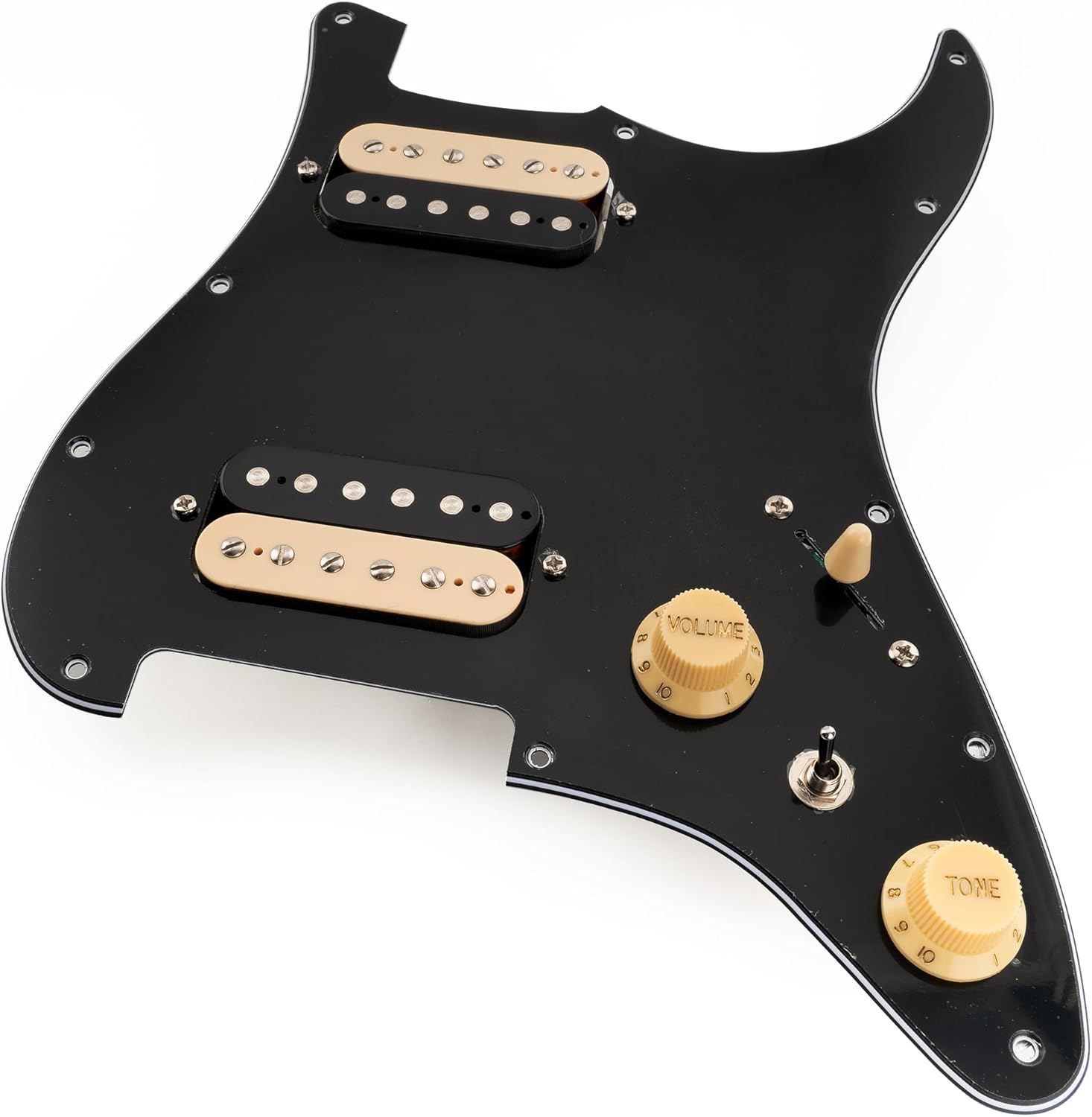Musiclily Pro-SE ST-HH-OMHA Pre-wired Pickguard with Alnico 5 Humbuckers Mini Toggle Switch for Strat Style Electric Guitar, 3Ply Black with Zebra Pickup