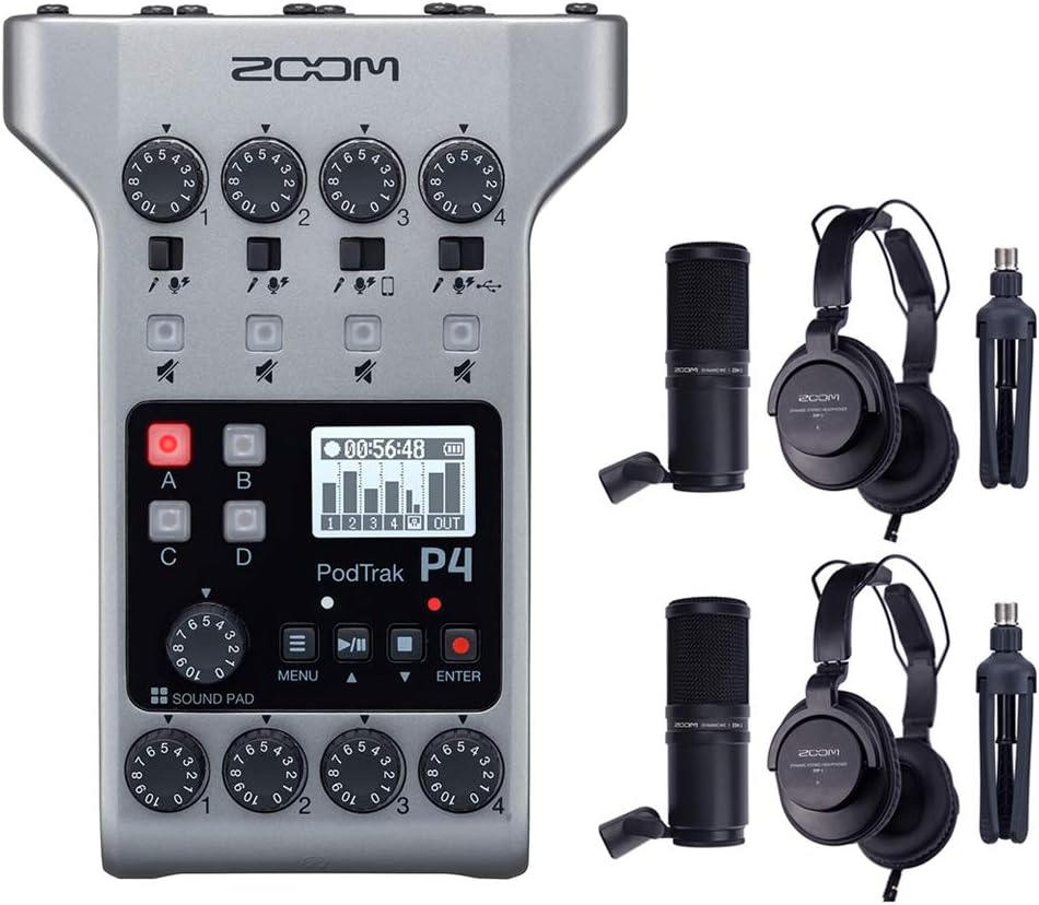 Zoom PodTrak P4 Portable Multitrack Podcast Recorder Bundle with 2X Zoom ZDM-1 Podcast Pack