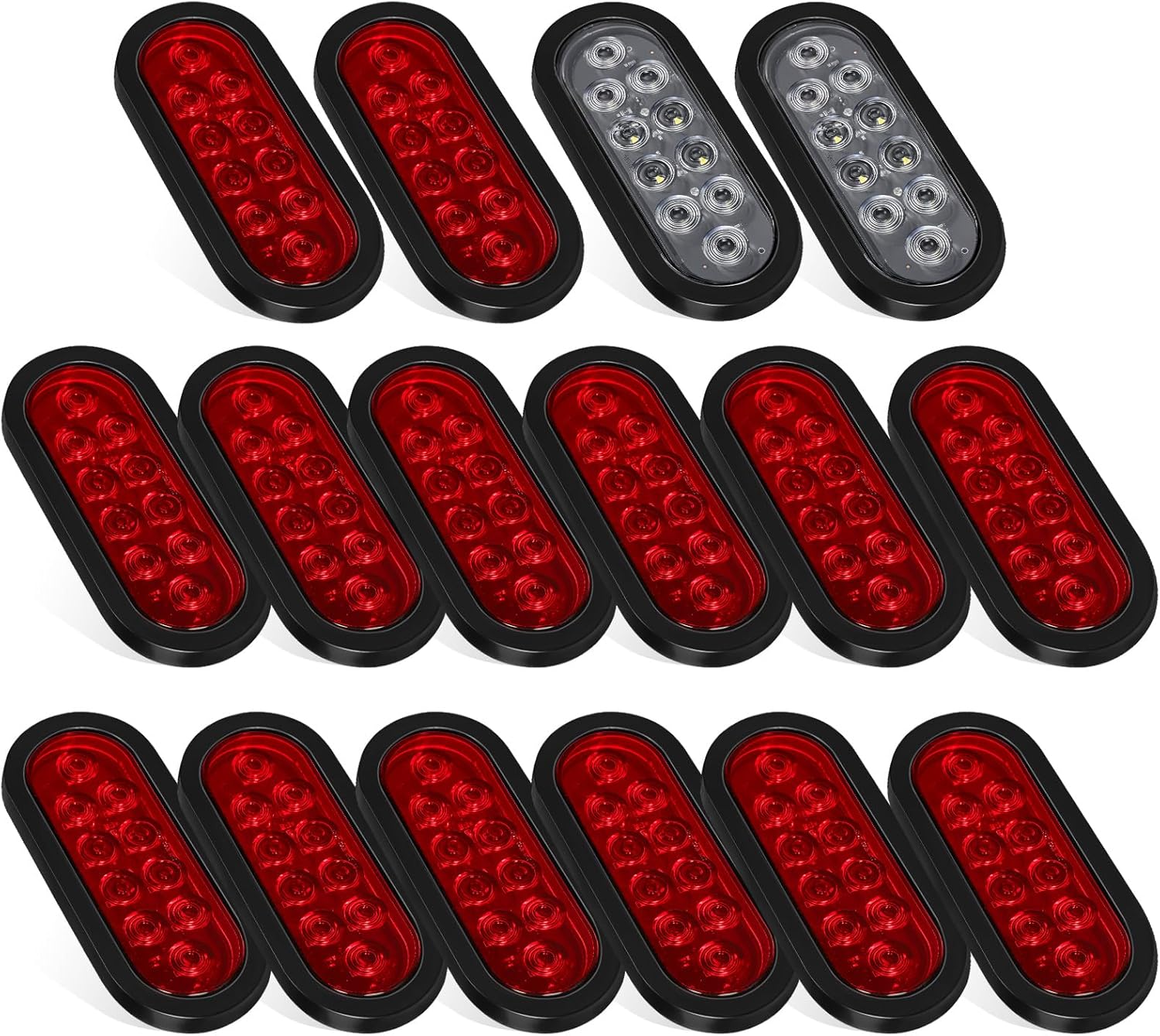 Partsam 16x Oval LED Trailer Tail Lights 10LEDs 6 Inch 14 Red 2 White Stop Brake Turn Reverse Backup Lights Sealed Flush Mount 3-pin Plug Rubber Grommet for Flatbed Truck Trailer RV 12V IP67