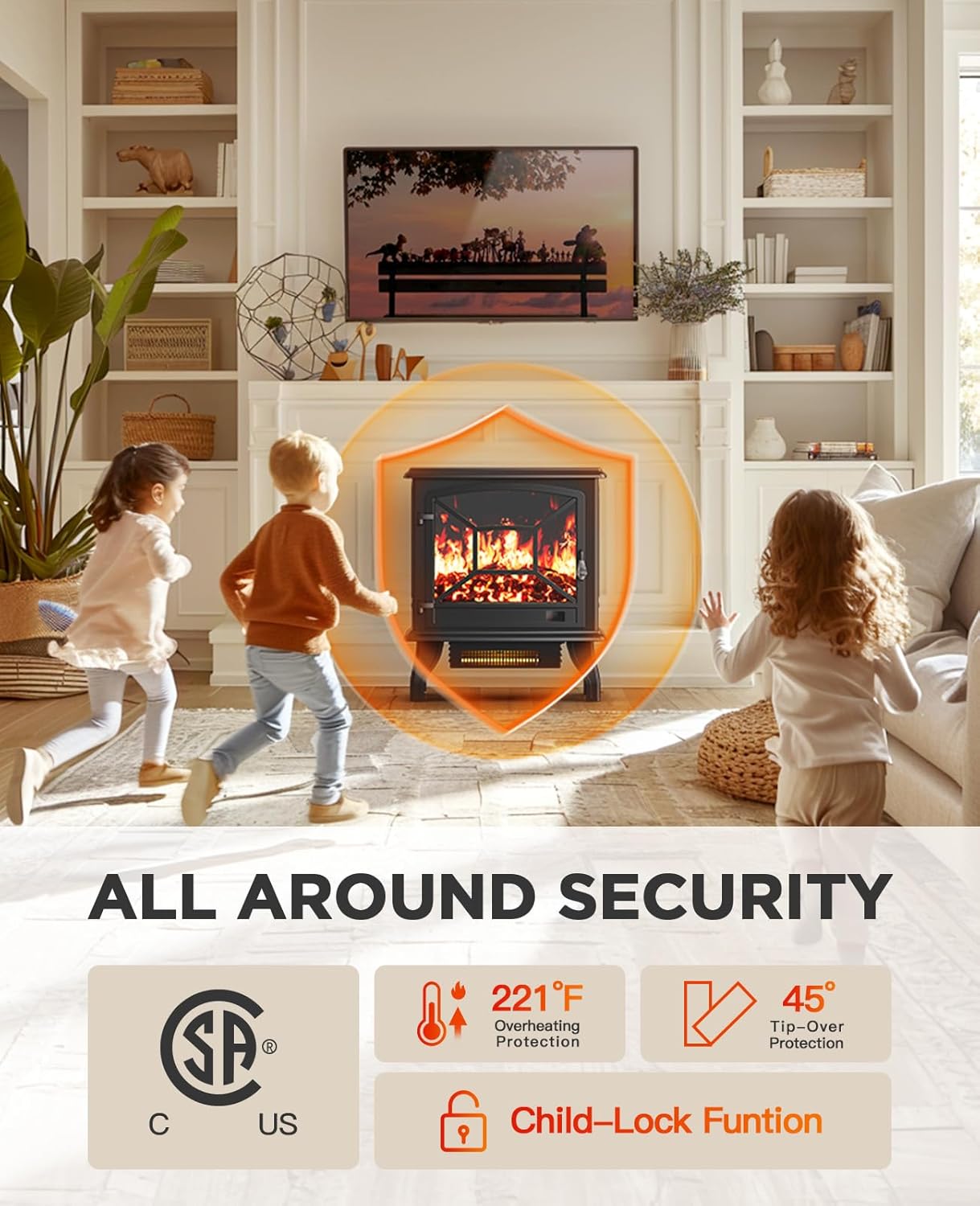 Silonn Electric Fireplace Heater, Quick Heating Portable Fireplace with App & Remote,24″ Electric Corner Fireplace Low Noise with 5 Brightness Levels,Temp Control & Timer for Living Room,Bedroom,Black