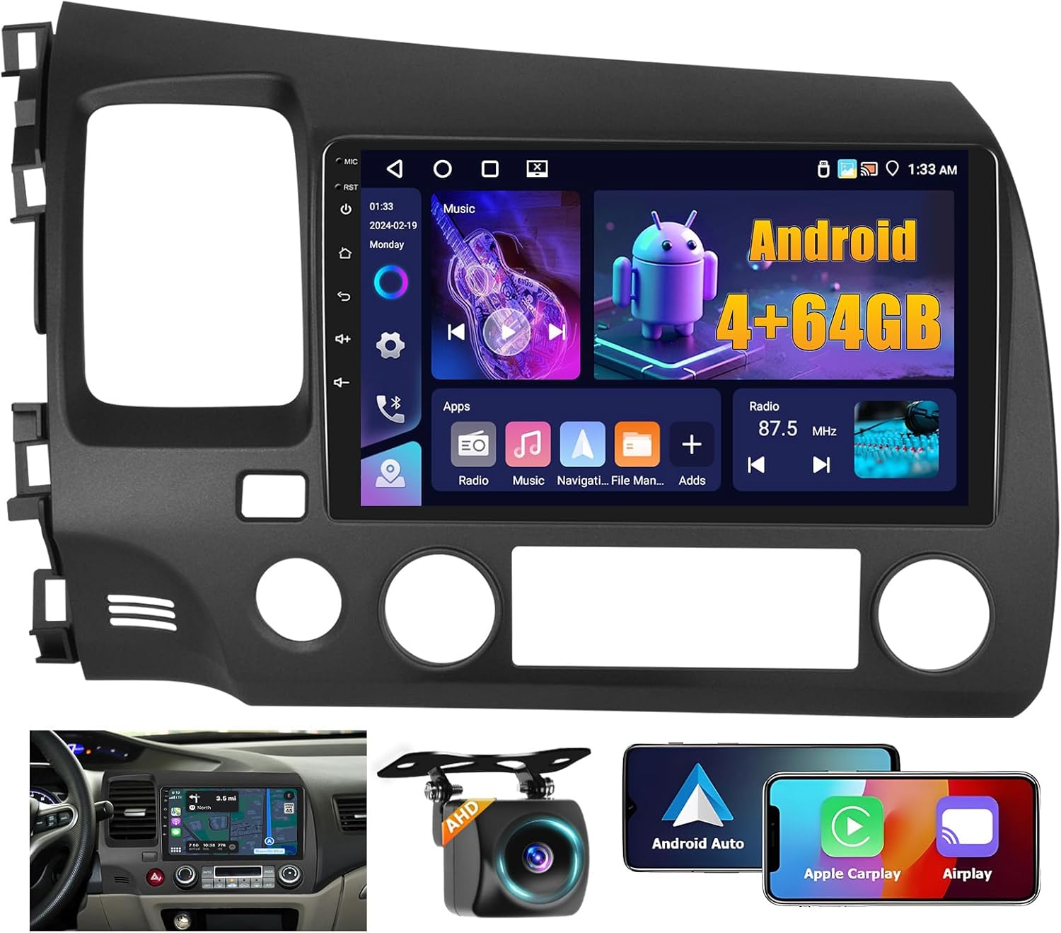 4+64GB Android 15 Car Stereo for Honda Civic 2006-2011 Wireless Carplay Android Auto 9