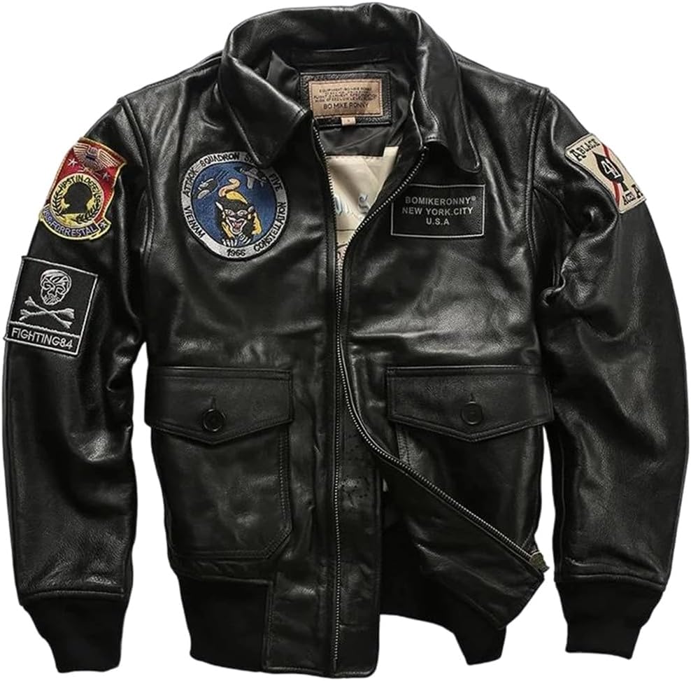 Men Military Style Plus Size Genuine Natural Thick Cowhide Patch Flight Black Winter Leather Jacket Coat