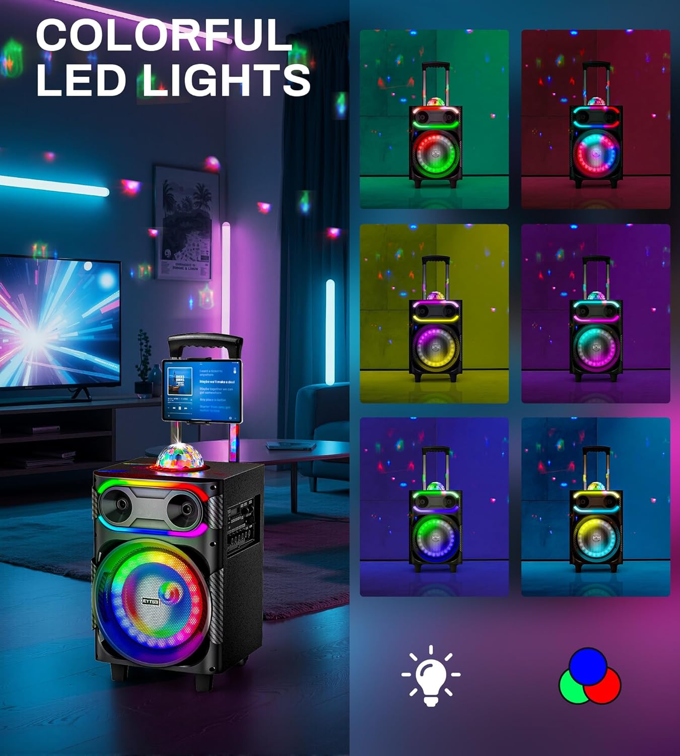 Karaoke Machine for Adults with 2 Wireless Microphones Portable Party Speaker BT PA System with Disco Ball LED Lights, Tablet Lyrics Display Holder, Remote Control, Rolling Wheels and Trolley