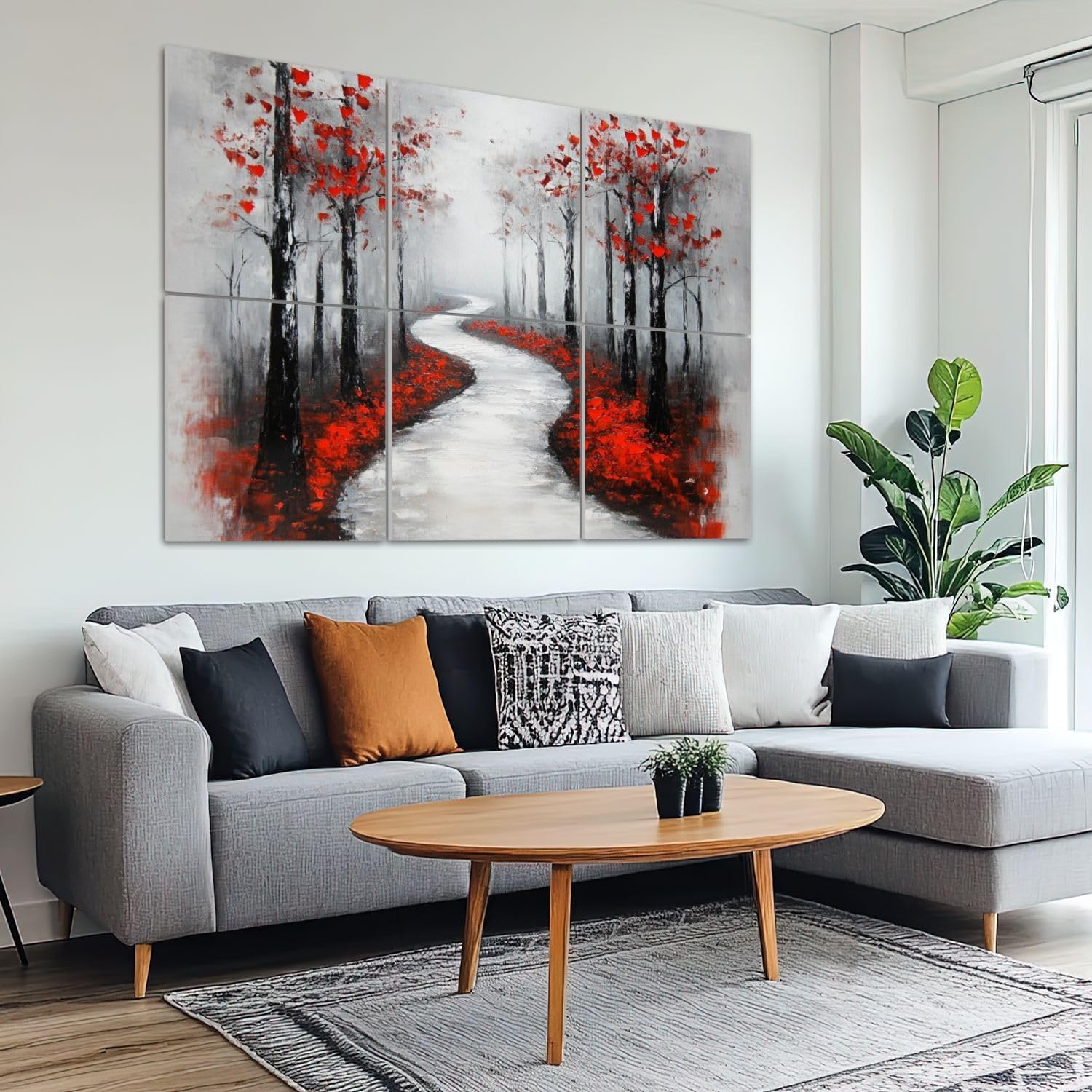 6 Pack Art Acoustic Panels Sound Absorbing Snowy Road 3D Hand Abstract Artwork Winding Bare Trees Red Leaves Decorative Soundproof Wall Panels Self Adhesive for Recording Studios Office 72