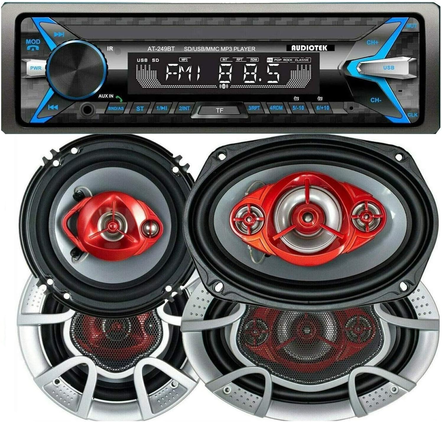 Audiotek Single Din Digital Car Media Receiver with Bluetooth/USB/FM / MP3 + Soundxtreme 6