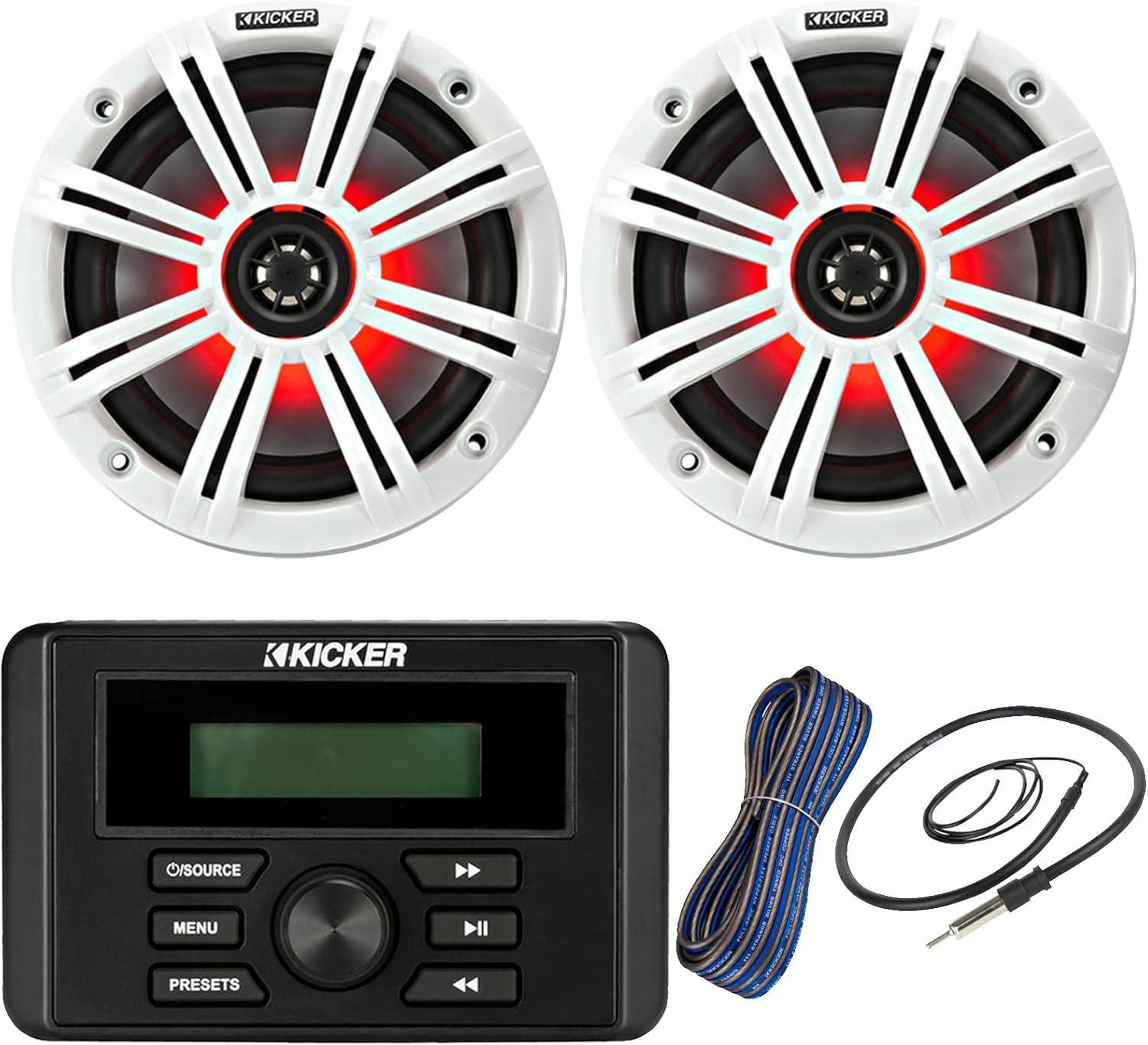 Kicker Weather-Resistant Marine Bluetooth USB RCA Stereo Receiver Bundle Combo with (QTY 2) 6.5