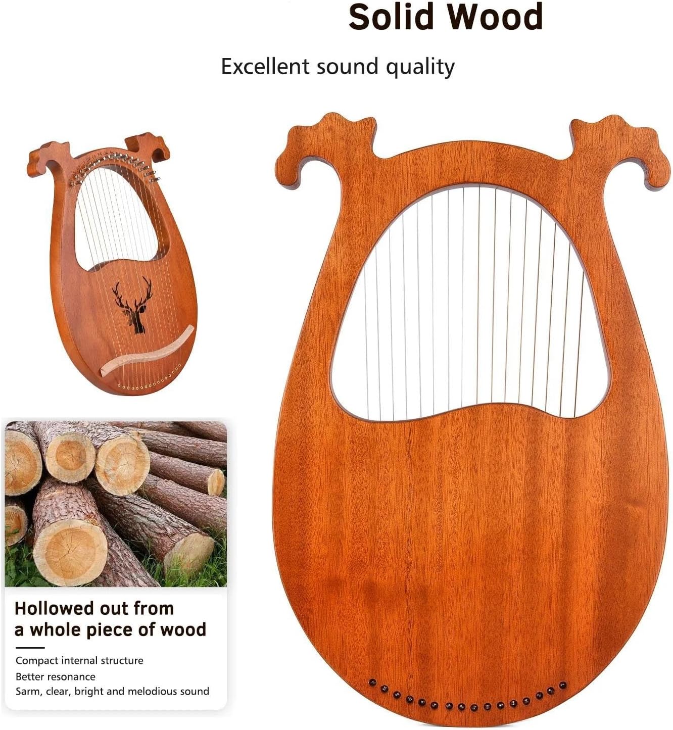 Lyre Harp Set 16 Strings Lyre Harp Solid Wood Strings Instrument Pattern Tuning Hammer Strings Cloth Picks For Beginners
