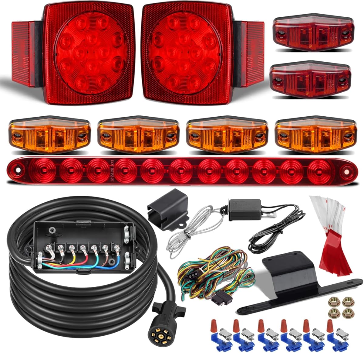 Partsam Submersible Led Truck Trailer Lights Kit with 3rd Brake Light Bar Side Markers, 7 Way Plug Inline Trailer Cord with 7 Gang Junction Box Breakaway Switch and Plug Holder