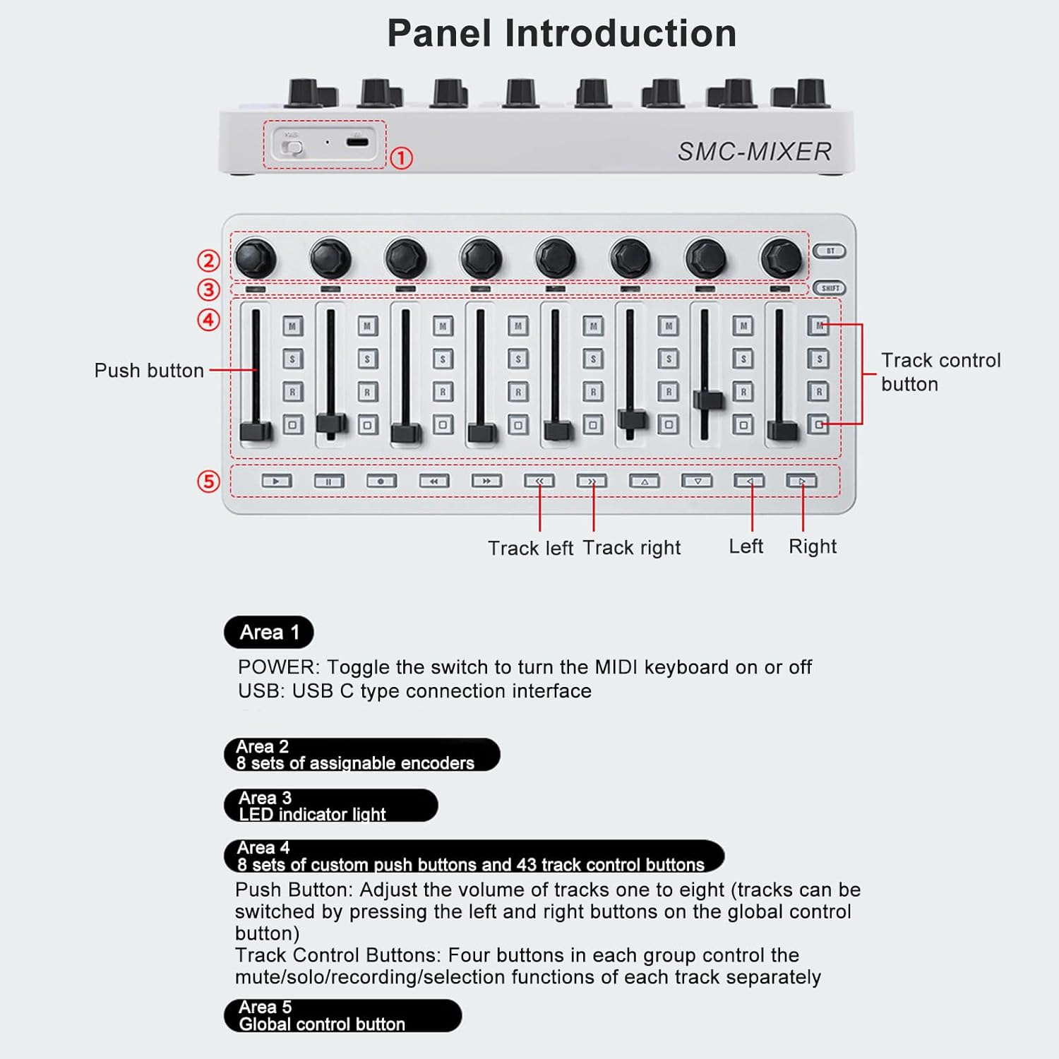 USB Bluetooth MIDI Controller Mixer Wire Less MIDI Mixing Console 360 Degree Rotating Encoders Midi Keyboard 8 Push Buttons 43 Control Keys 8 Knobs