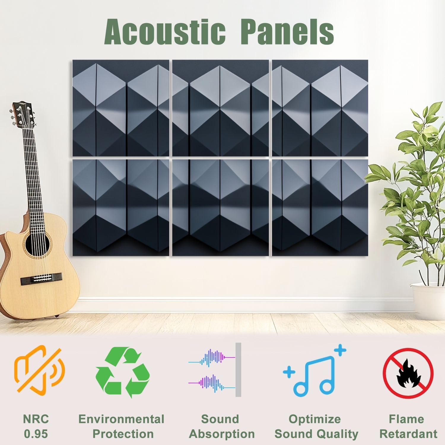 6 Pack Art Acoustic Panels Sound Absorbing Geometric Dark Gray Repeating Patterns Symmetrical Shapes Three Decorative Soundproof Wall Panels Self Adhesive for Recording Studios Office 72