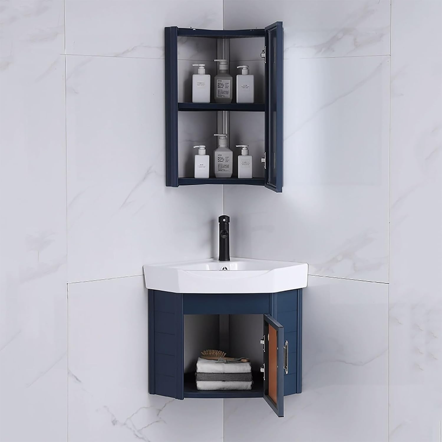 Corner Ceramic Sink，Corner Bathroom Vanity，Corner Bathroom Sink，Corner Wall Mount Bathroom Sink，Bathroom Cabinet with Faucet and Drain， Bathroom Sink with Storage Container(White,38cm/15in)