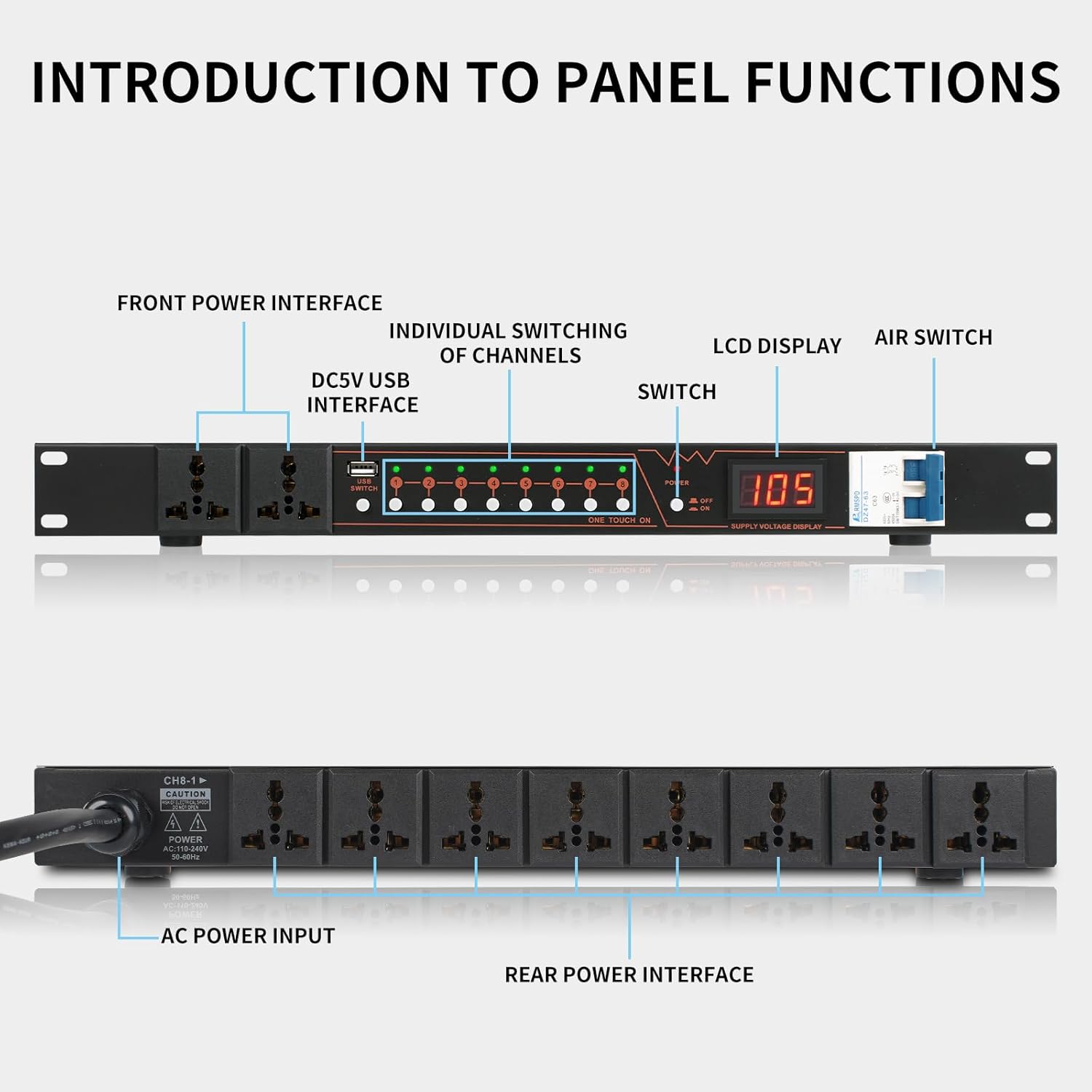 XUTGA 10 Outlet Power Conditioner for Audio Equipment 6000W with Air Breaker, Power Sequencer Conditioner Rack Mount, LCD Display 110-220V with USB,Surge Protector