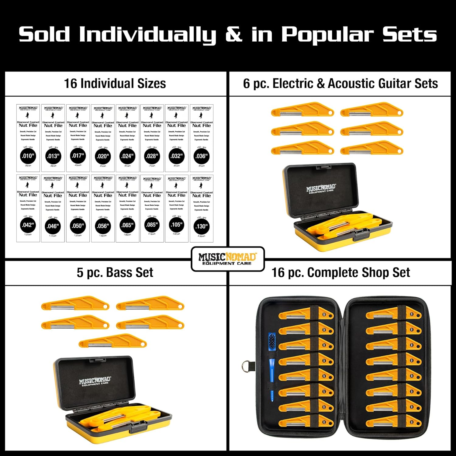 MusicNomad MN668 6 pc. Diamond Coated Electric Guitar Nut Slotting File Set - Light Strings, with Storage Case