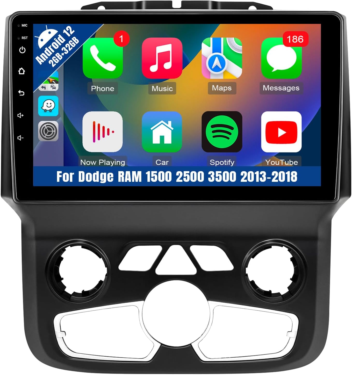 Car Radio Stereo for Dodge RAM 1500 2500 3500 2013 2014 2015 2016 2017 2018 2019 with Wireless CarPlay Android Auto, 9inch Touch Screen Radio with Bluetooth GPS FM SWC (Auto AC 2G RAM 32G ROM)