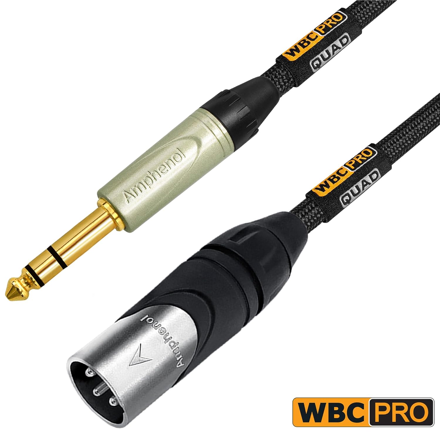 2 Units - 60 Foot - WBC-PRO-Quad Ultra-Silent Ultra-Flexible Balanced Star-Quad XLR to TRS Cable with Amphenol AX3M Male XLR & QS3P-AU Straight TRS Stereo Phone Plugs - Black Tweed Jacket