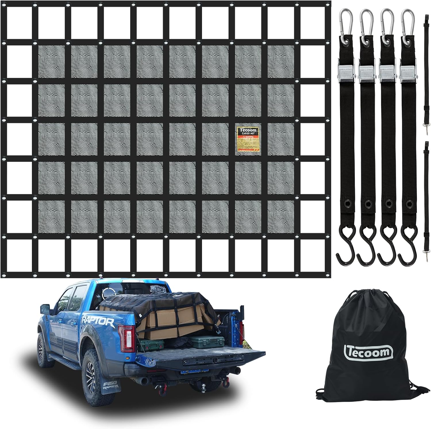 Tecoom 10.17'x7.51' Cargo Net for Pickup Truck Bed, Heavy Duty Truck Cargo Net Weight Capacity 1,500 LBS, Automotive Bed Organizer Netting for Camping Trip Luggage