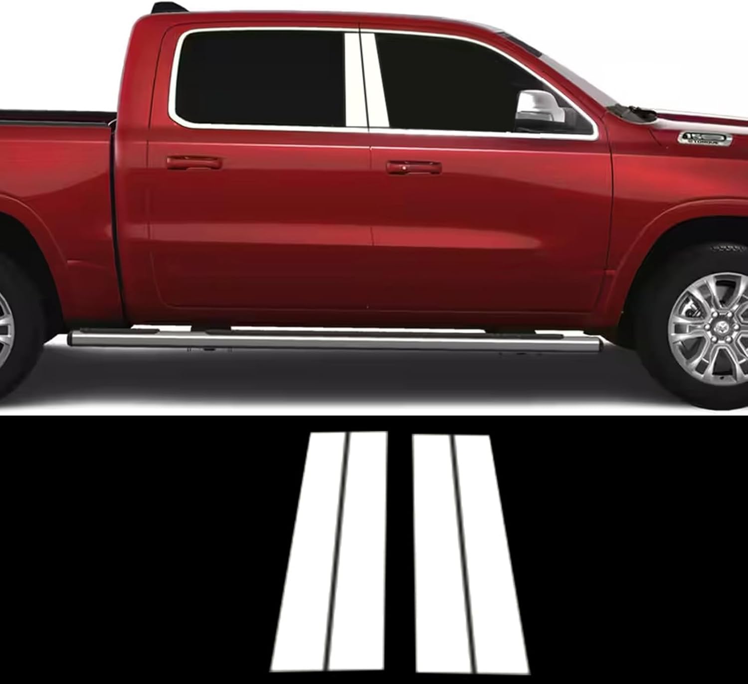 Polished Stainless Steel Window Sill Trim for 2019-2025 RAM 1500 Crew Cab - Chrome Exterior Door Sill Guard with Automotive Adhesive (Pillar Post Trim)