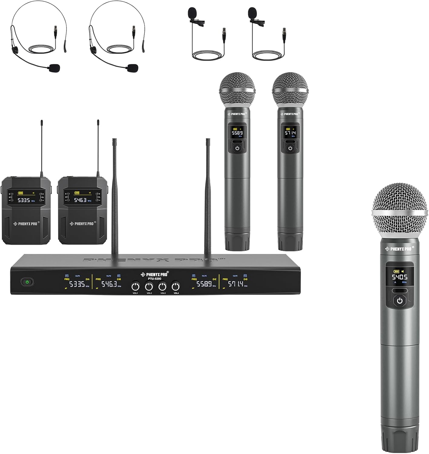 Phenyx Pro 4-Channel Wireless Microphone System PTU-5200-2H2B Bundle with UHF Handheld Microphone