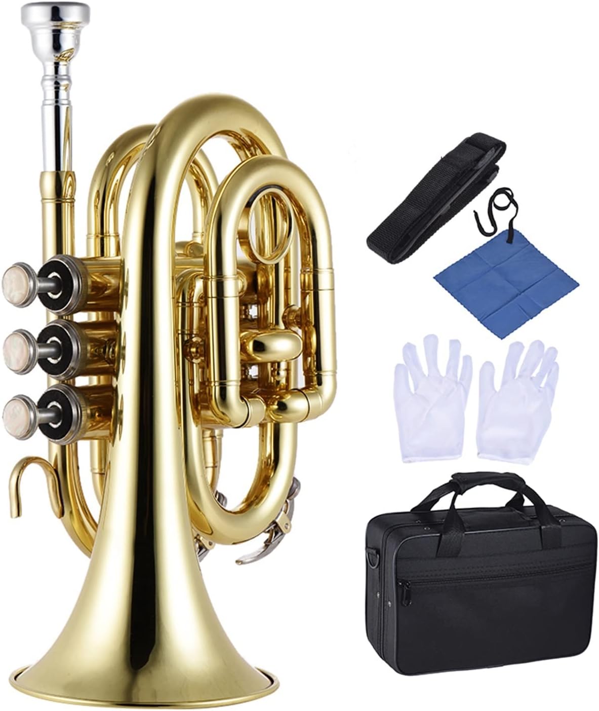 Standard Trumpet Set Mini Pocket Trumpet Bb Flat Brass Wind Instrument with Mouthpiece Gloves Cleaning Cloth Carrying Case Brush