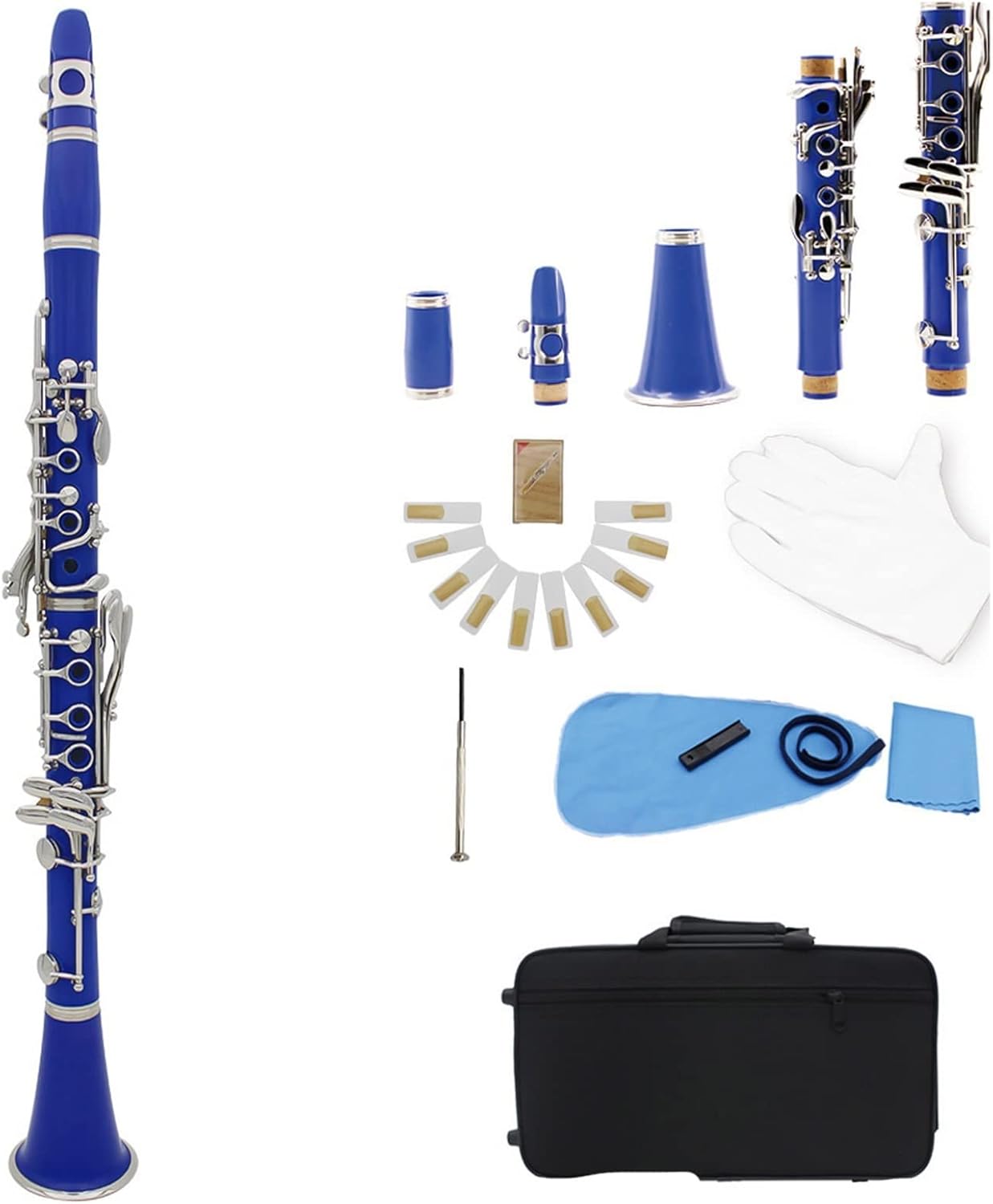 KESHUO Clarinet ABS 17 Key BB Flat Saxophone Binocular Clarinet with Cleaning Cloth Gloves 10 Reeds Screwdriver Case Woodwind Instrument Student Standard Clarinet Set (Color : Blue)