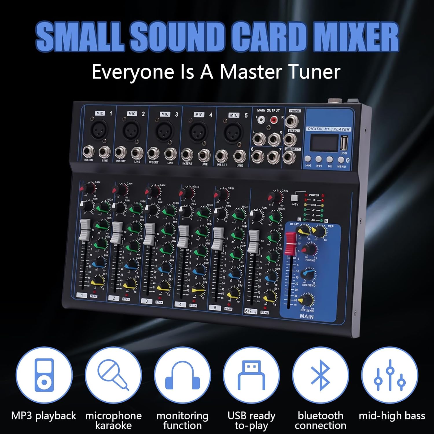 Bluetooth Portable Audio Mixer,7-Channel Sound Reinforcement Mixer MP3 Input 48V Power Studio Audio Mixer w/USB DJ Sound Mixing Console, Professional Live Studio Audio Mixer for Studio Recording