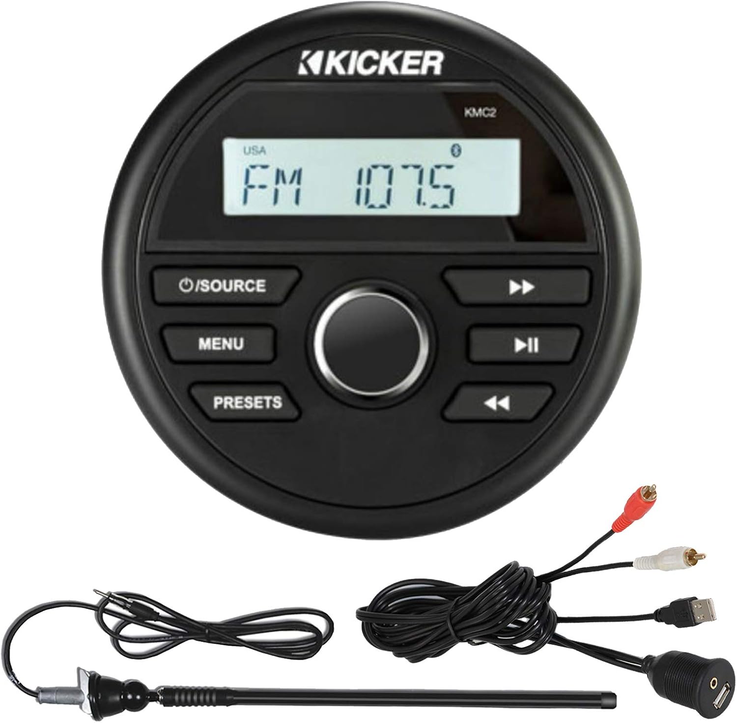 Kicker KMC2 Marine Gauge Style AM/FM Radio Stereo Receiver Media Player Bundle Combo With Enrock USB/AUX To RCA Interface Mount Cable, 45