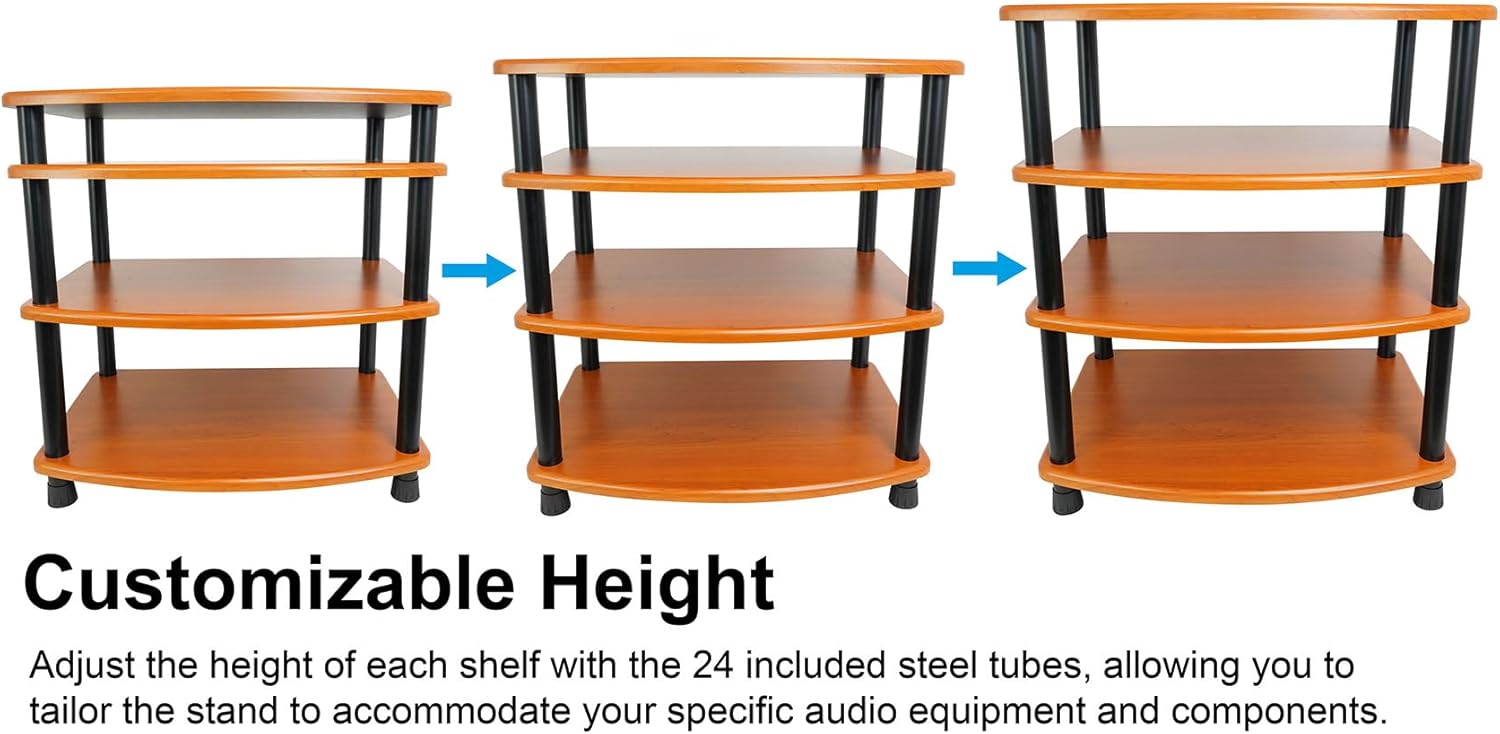 Rockville FLX Classic Wood Adjustable Height 4 Shelf A/V Rack Stand, Expandable Design, for Home Theater