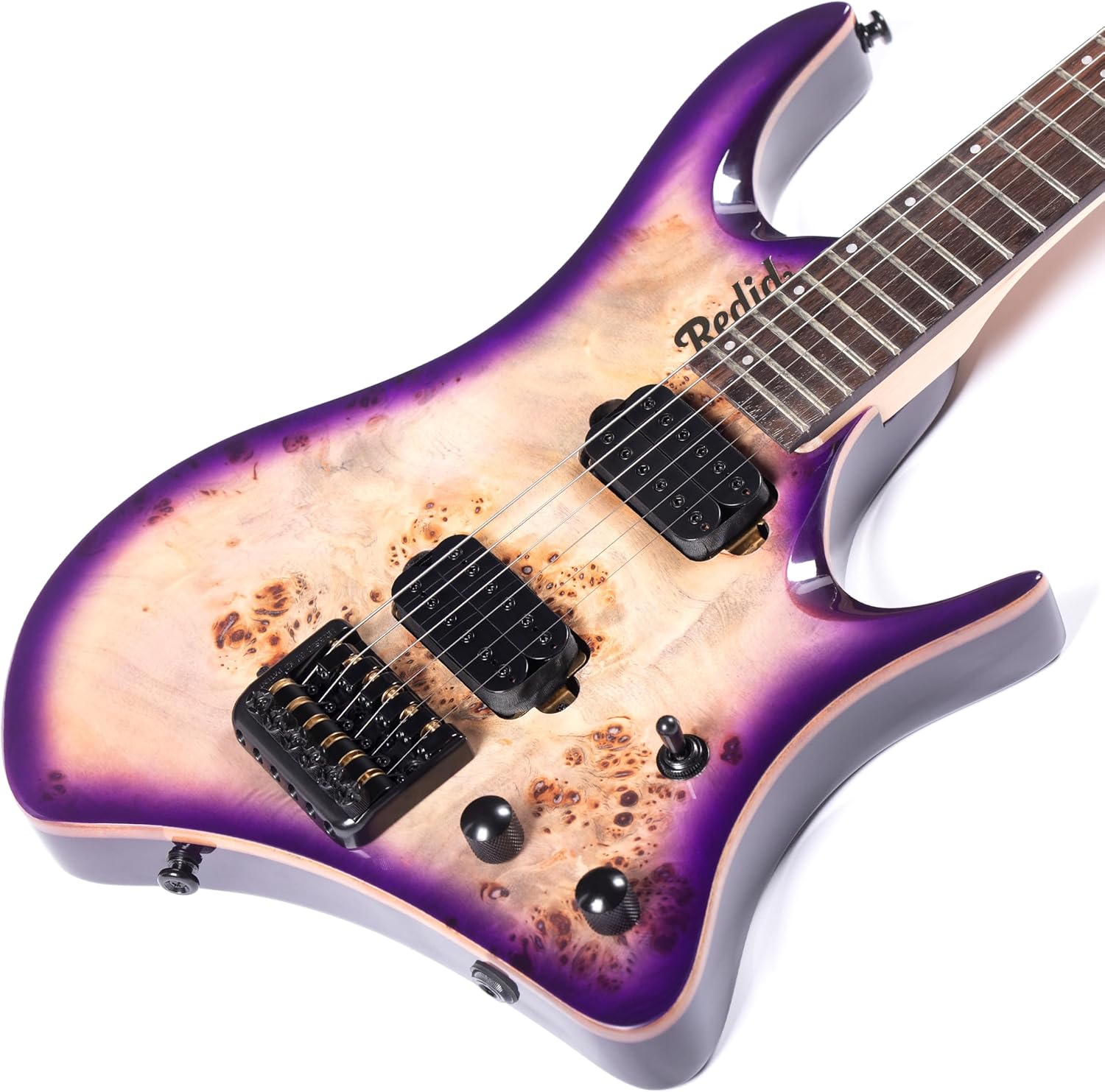 Redid Headless Electric Guitar 6 String Mahogany Body Burl Wood Top, Maple Neck Rosewood Fretboard, 24 Frets 25.5