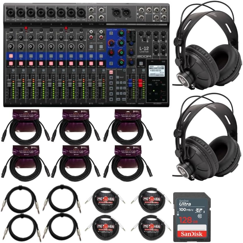 Zoom LiveTrak L-12 12-Channel Digital Mixer and Recorder Bundle with Two TX-100 Headphones, Four 1/4