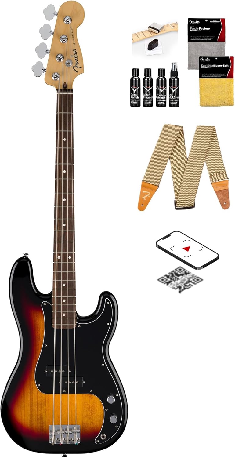 Fender Standard Precision Bass - 3-Color Sunburst Bundle with Strap, Guitar Cleaning Kit, and Austin Bazaar Instructional Video