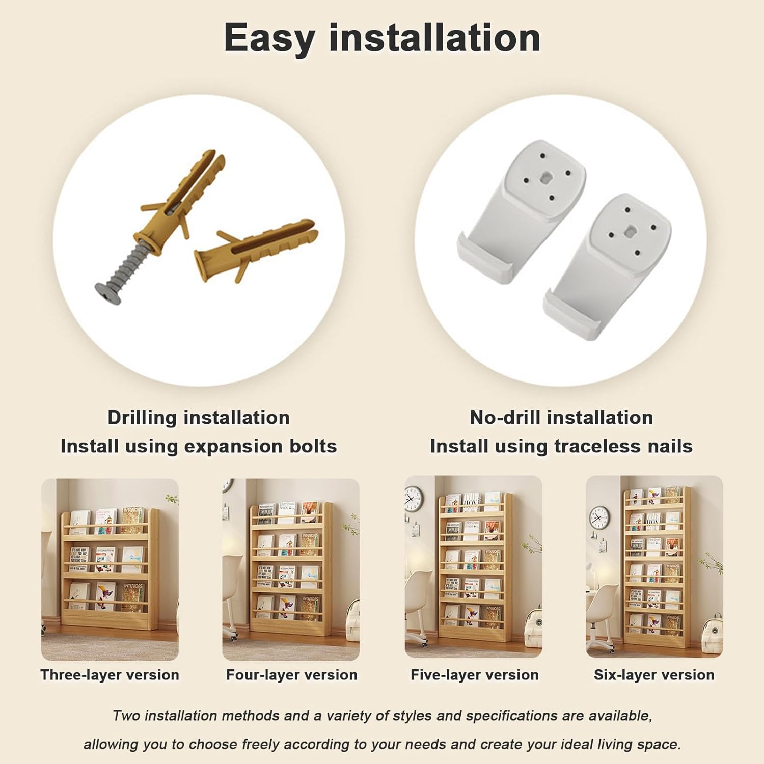 Behind The Door Bookshelf, 3-6 Tier Wooden Bookcases, Open Display Storage, Space-Saving, Wall Mount Shelf, for Books in Bedroom, Living Room 4F 100cm