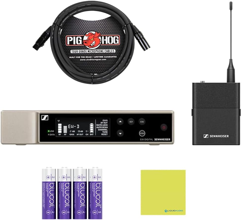 SENNHEISER Wireless Microphone System Bundle with 10ft Pig Hog Mic Cable, 4 AA Batteries & Polishing Cloth – SK Wireless Bodypack Base System, R1-6 (520-576MHz), 508741
