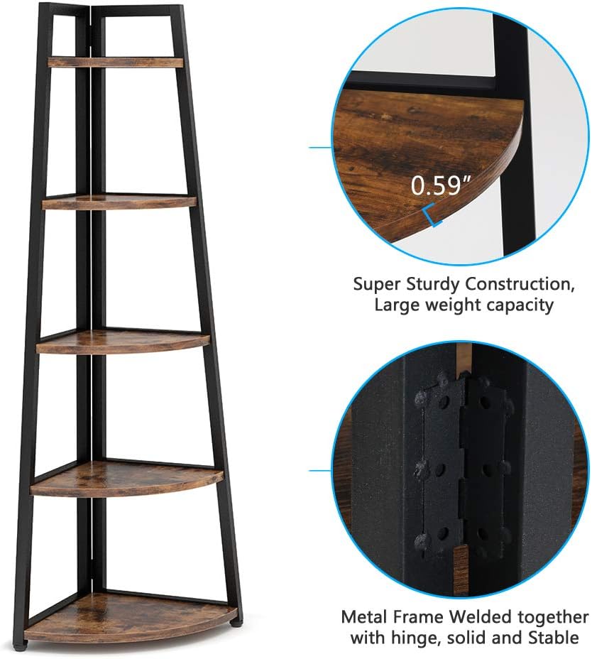 Tribesigns 70 inch Tall Corner Shelf, 5 Tier Rustic Corner Bookshelf Bookcase Industrial Corner Ladder Shelf Plant Stand for Living Room, Kitchen, Home Office (Brown)