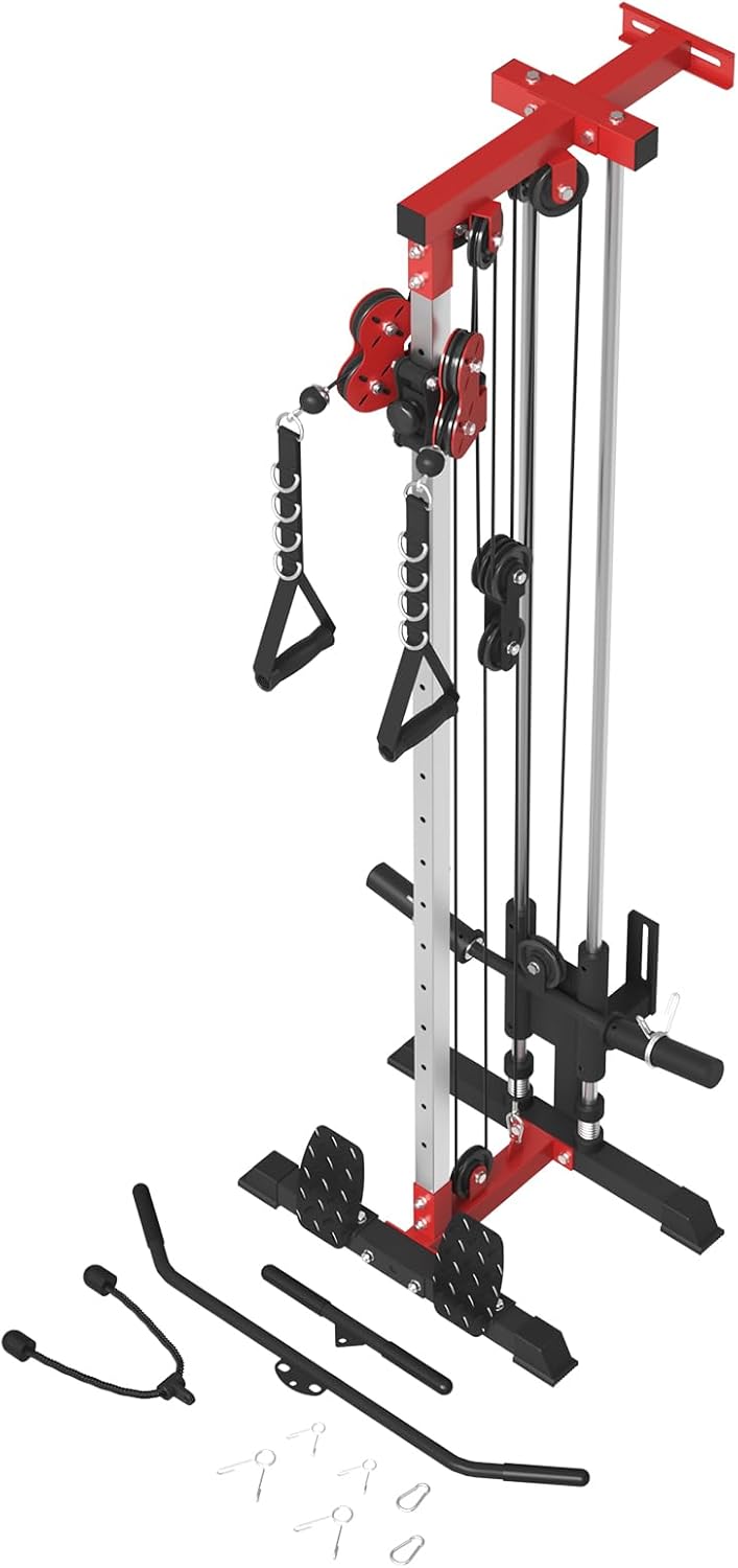 ER Kang Cable Station Wall Mount, 18in Pulley Tower, Dual Pulley System, High & Low Cable Machine, LAT Pull-Down & Row Tower with Flip-Up Footplate, Home Gym Cable Crossover (Red)