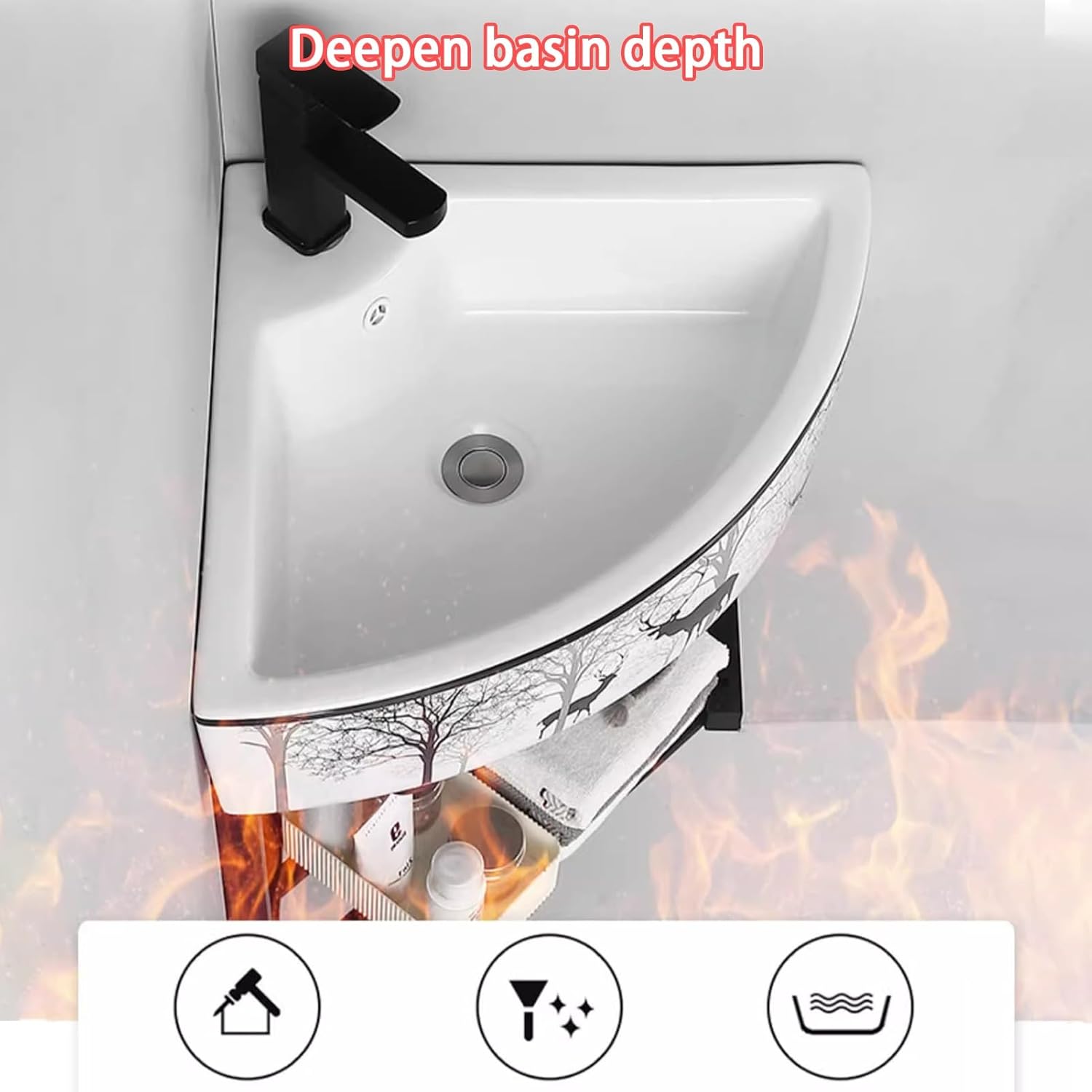 Corner Wall Mount Bathroom Sink, Bathroom Vanities with Towel Bar, Stainless Steel Bracket Ceramic Wash Basin, Vanity Sink for Home Kitchen Patio Laundry Room