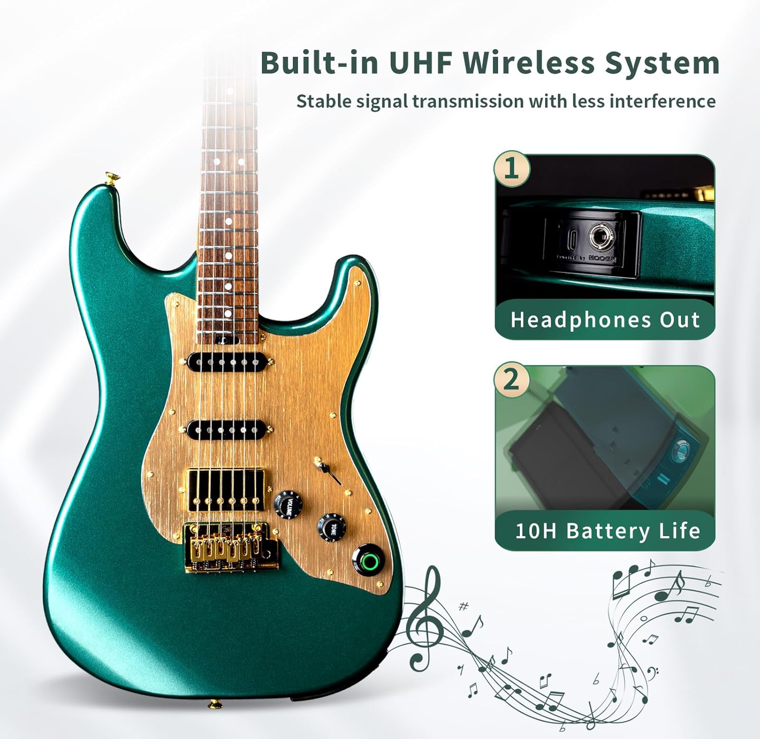 GTRS S900 Smart Electric Guitar Kit With UHF Wireless Transmitter, Practice Guitar Intelligent System With 126 Effects Types, 80s Loop, 40 Drummer, 10H Bettaty Life, 6 Strings, Right Hand(S900 Green)