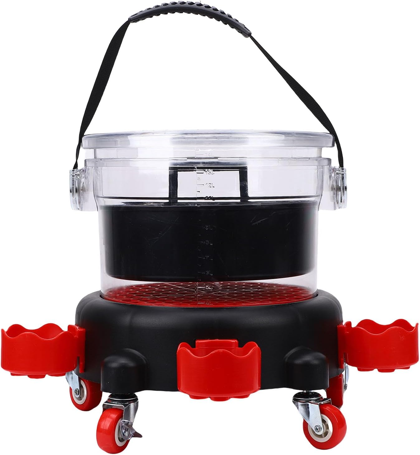 Asixxsix Car Wash Bucket Dolly Kit, Portable Rolling Washing Systems with 15L Bucket, Grits Guard, 5 Swivel Castors, Hooks and Leak Proof Lid for Car Detailing, Transparent Design