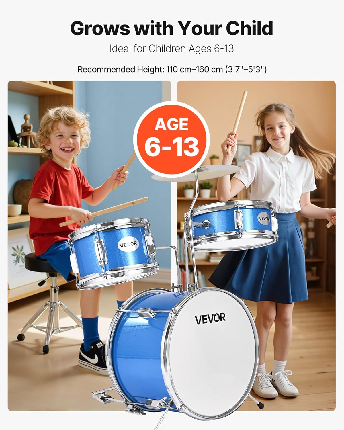 VEVOR Kids Drum Set, 3-Piece 14 in Junior Drum Sets, Beginner Drums Set with Adjustable Throne, Cymbal & 4pcs Drumsticks, Musical Learning Drums Instruments Kit, for Children Ages 6-13, Sky Blue