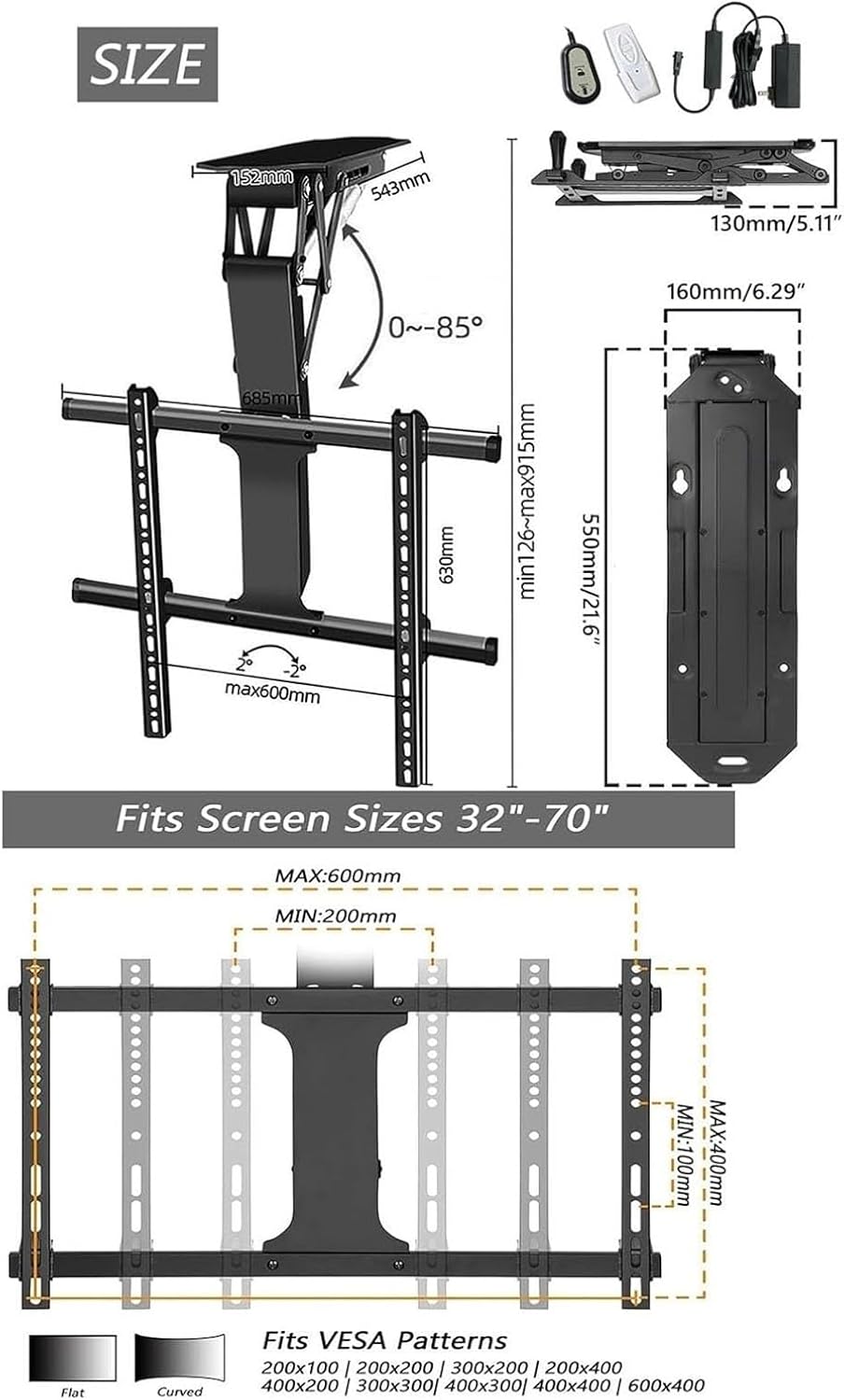Ceiling TV Mount Stand - Motorised TV Bracket Stand,Drop Down Tv Wall Mount,with Auto Lifting,0-85° Flip Down,Fits 32-70 Inch Screen,2° Level Adjustment & Height Adjustment